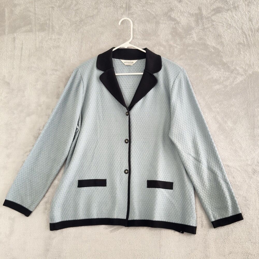 Misook Cardigan Womens L Light Blue Black Trim Open Front Long Sleeve